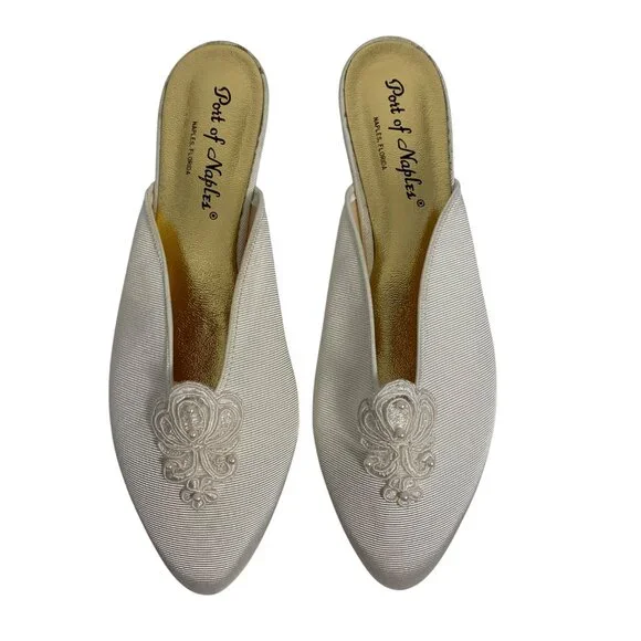 Port Of Naples Womens Ivory Slip-On Embroidered Mules Made In Italy Size 10B - Picture 2 of 9